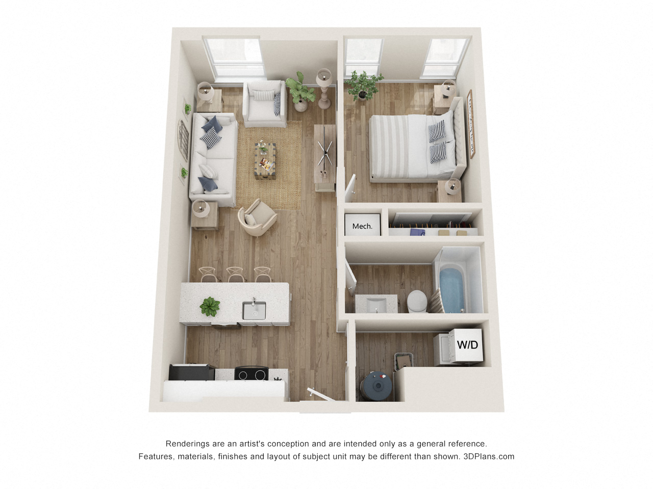 Floor plan for 1 bed, 1 bath, 576 sqft